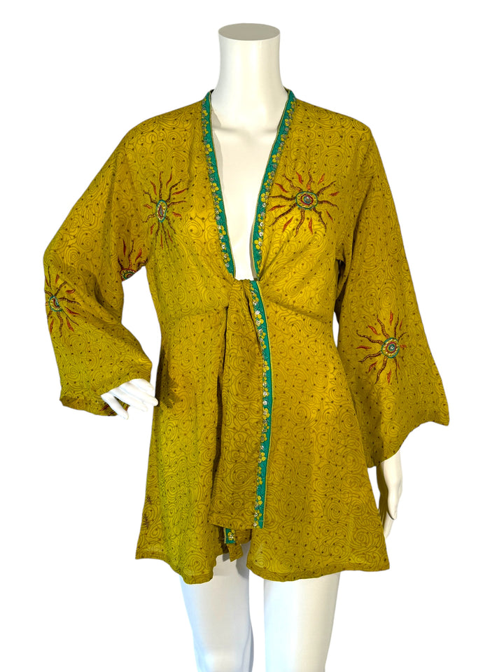 Front view short tie kimono jacket in vintage silk in yellow with embroidered suns