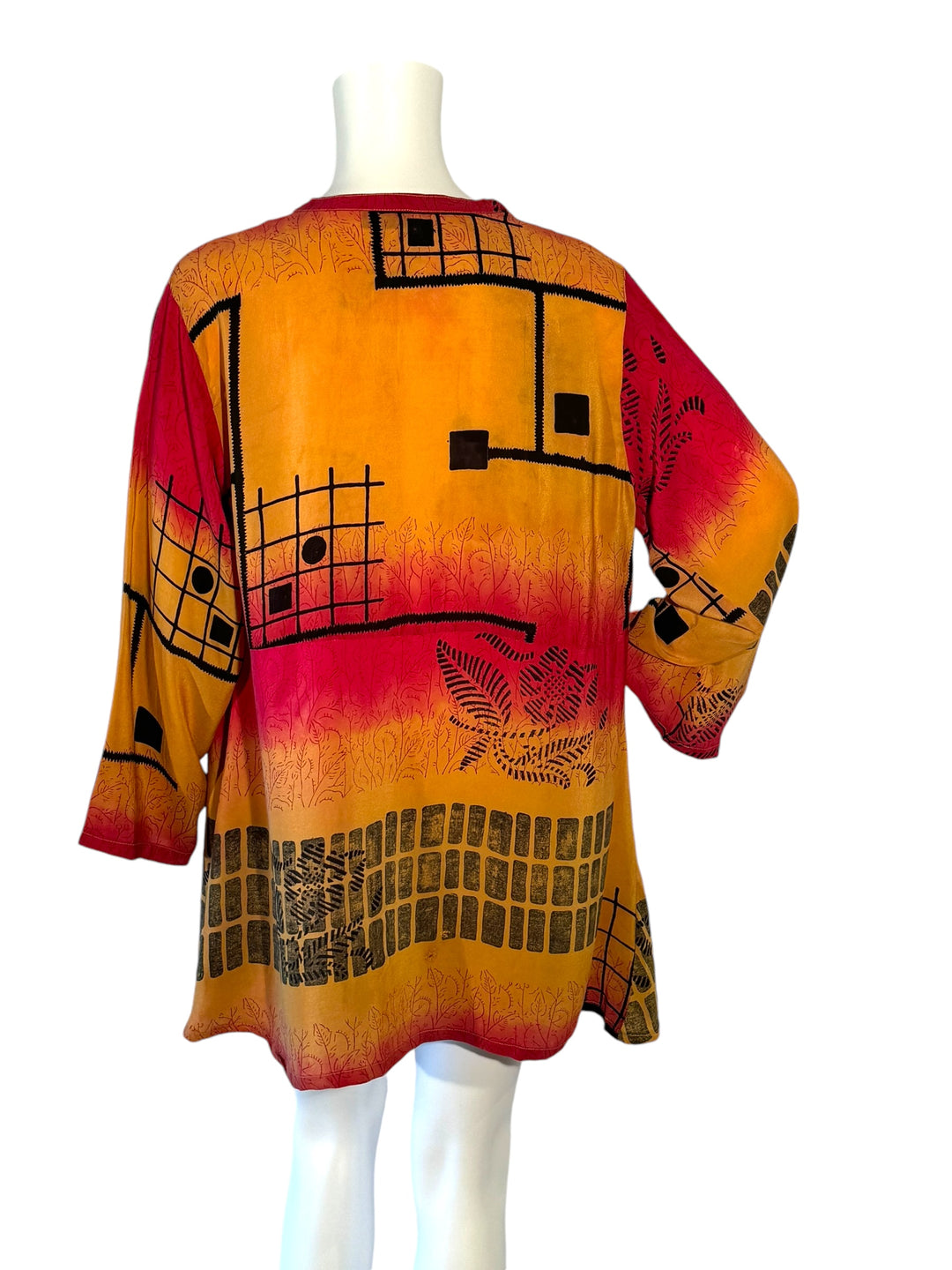 Back view short tie kimono jacket in vintage silk in red and yellow with black print