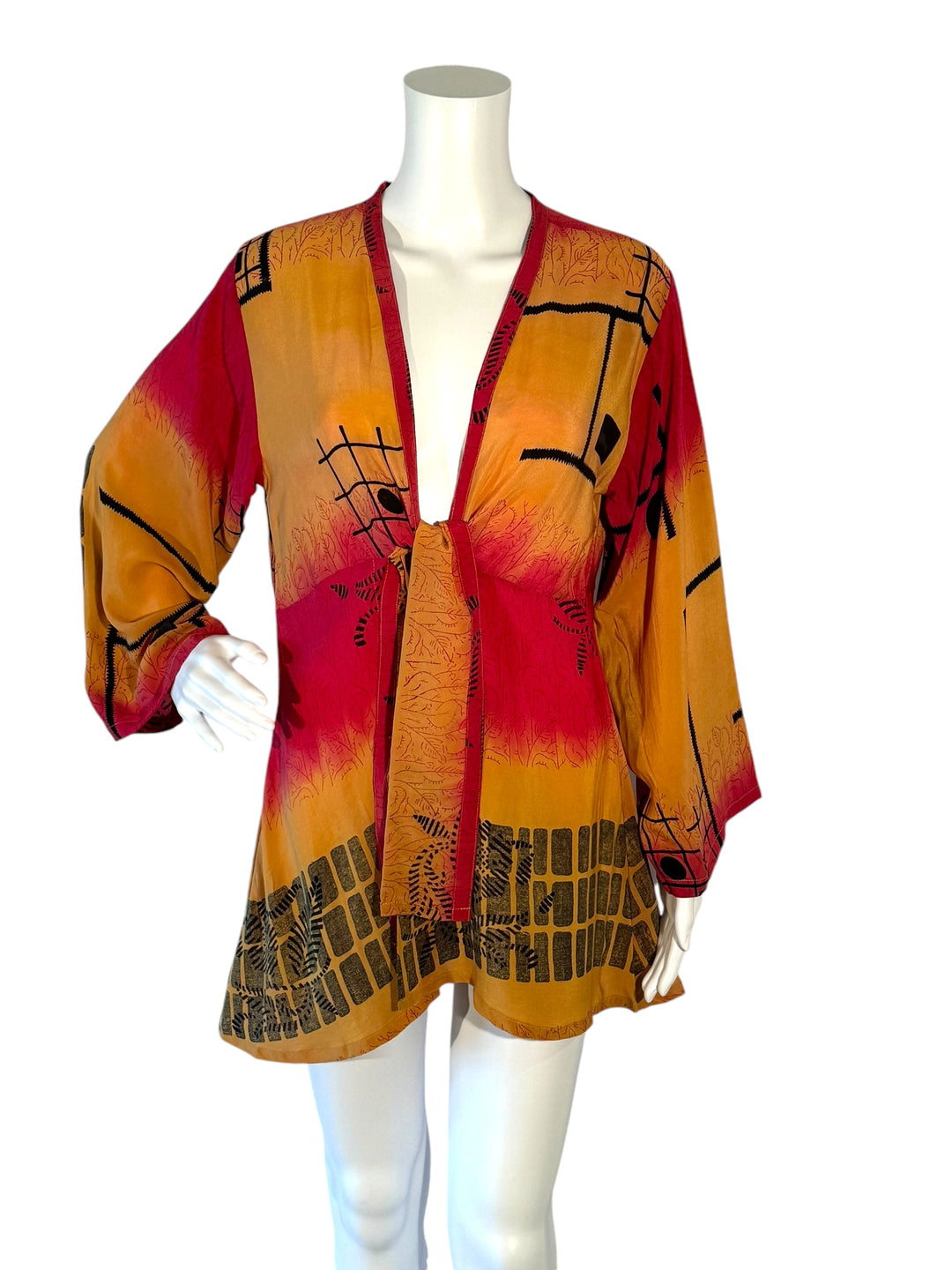 Front view short tie kimono jacket in vintage silk in yellow and red with black print