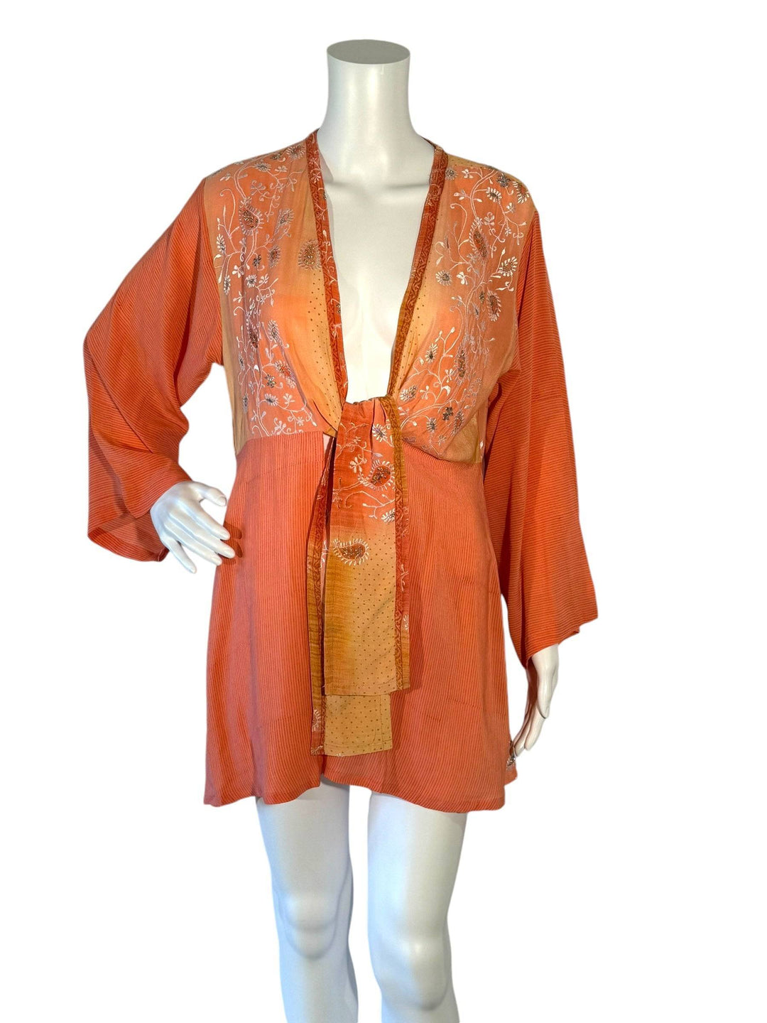 Front view short tie kimono jacket in vintage silk in peach with white embroidery