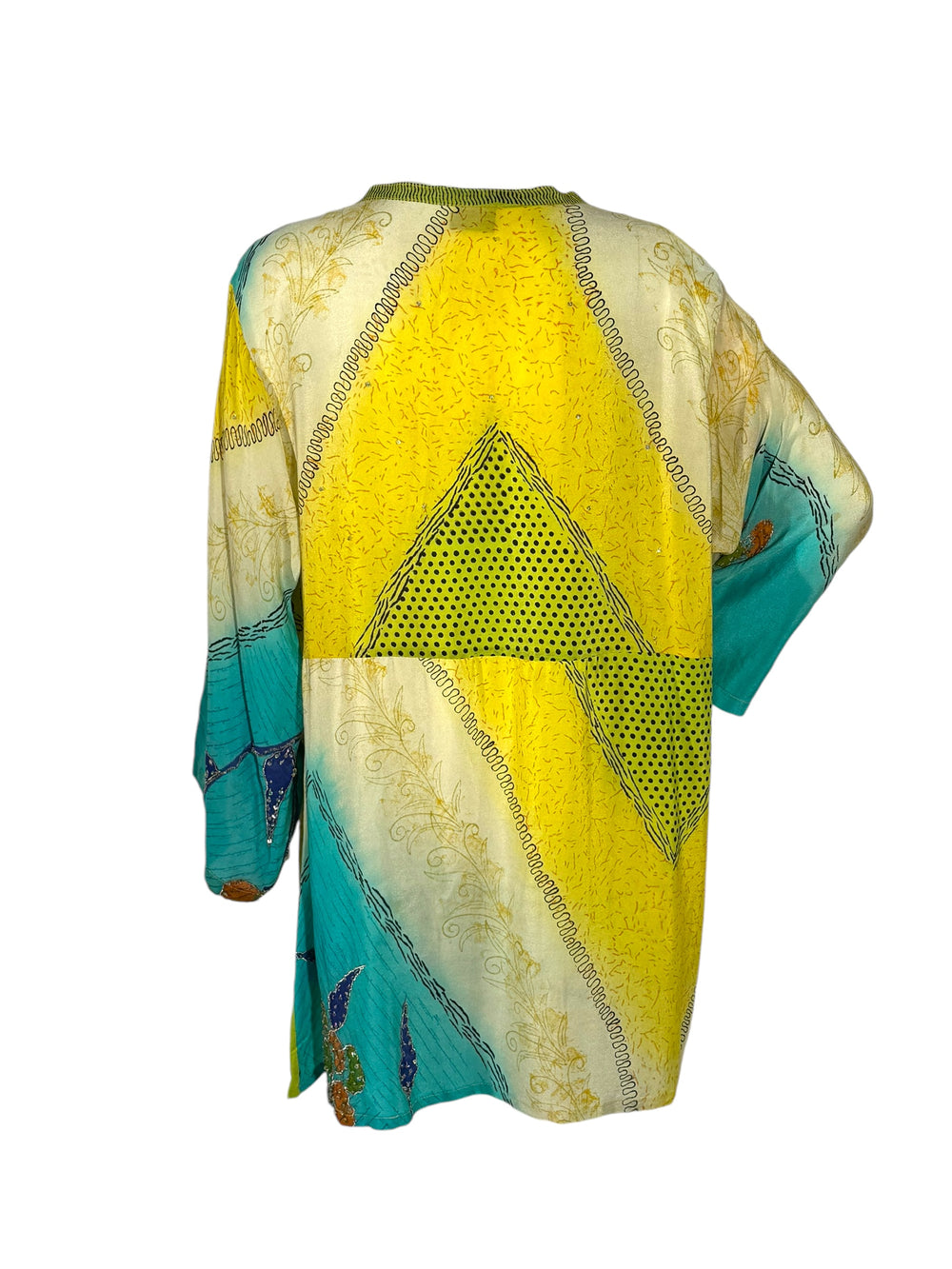 Back view short tie kimono jacket in vintage silk in yellow and blue graphic print