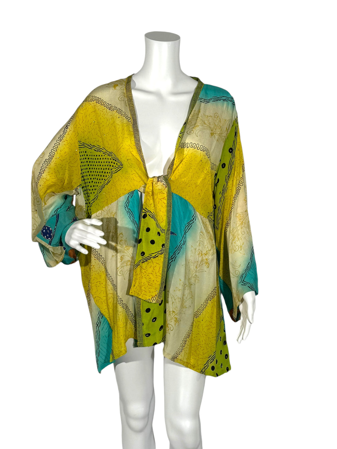 Front view short tie kimono jacket in vintage silk yellow and blue print