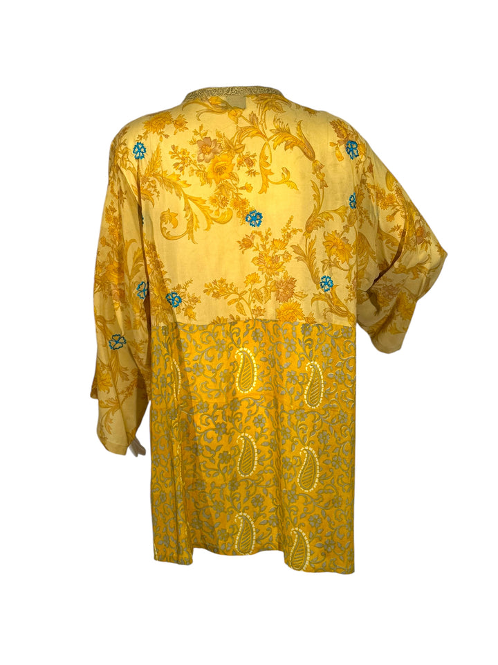 Back view short tie kimono jacket in vintage silk in yellow with blue and yellow embroidery 