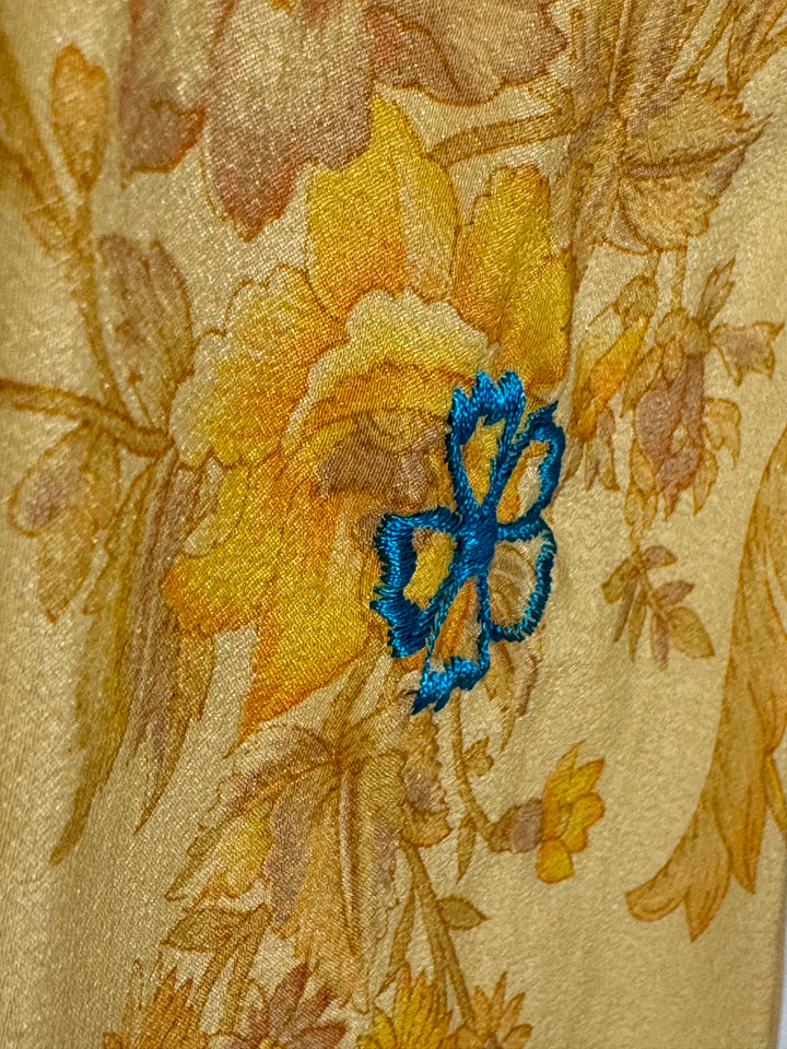 Yellow vintage silk with blue embroidered flower