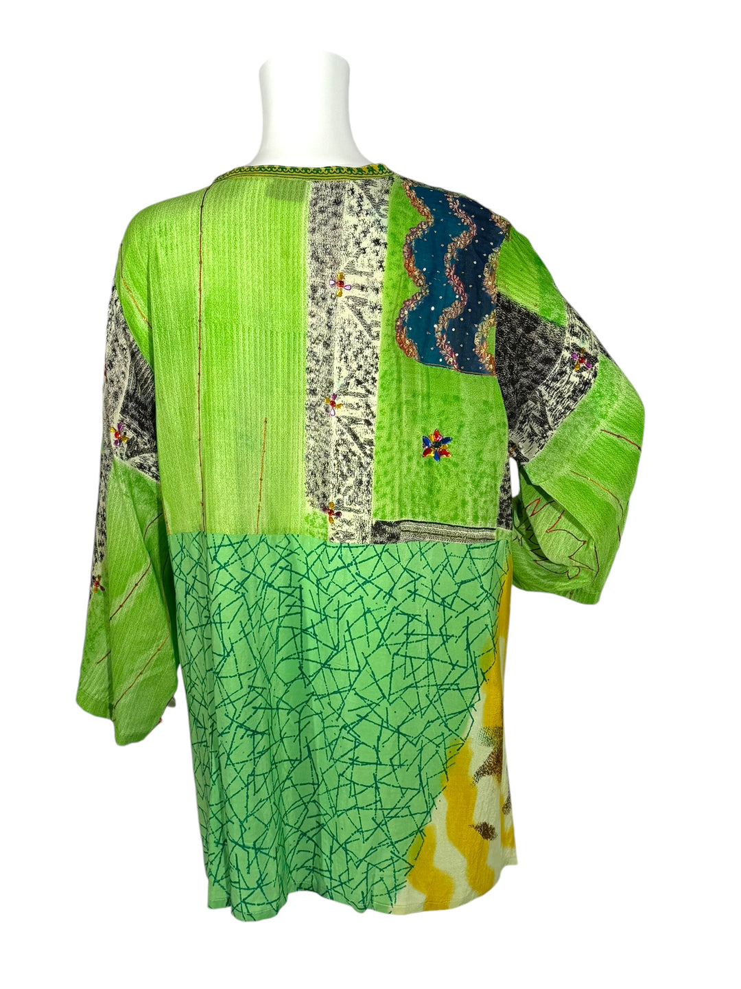 Back view short tie kimono jacket in vintage silk in green with embroidery and print