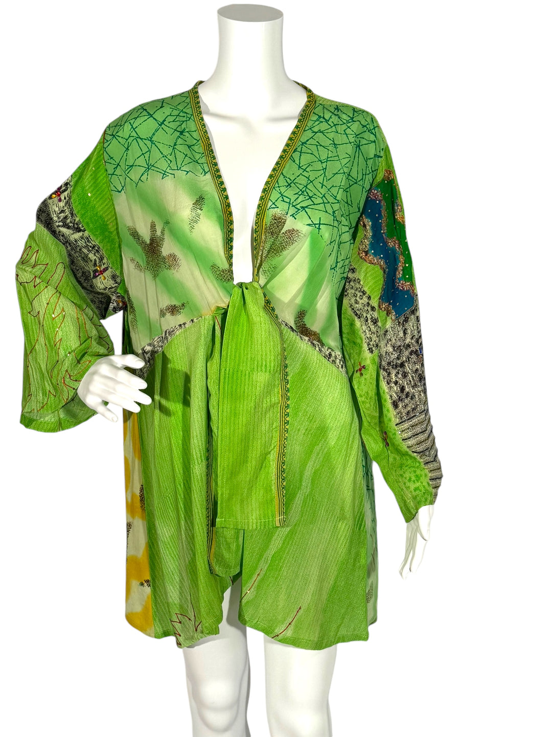 Front view short tie kimono jacket in vintage silk in green with graphic print