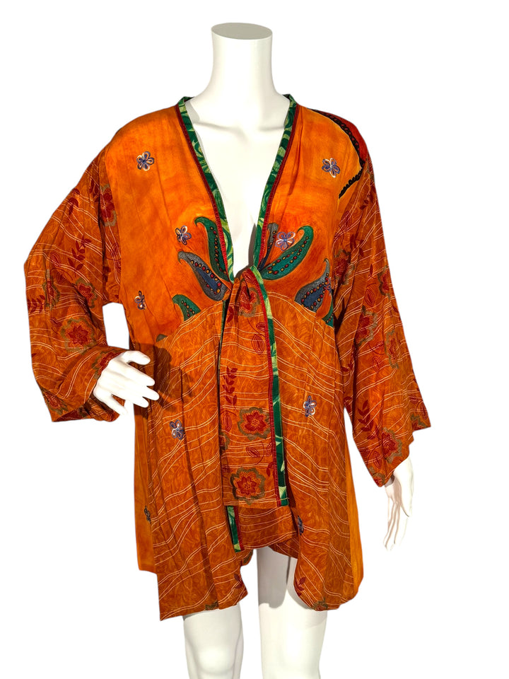 Front view short tie kimono jacket in vintage silk orange with green floral and trim