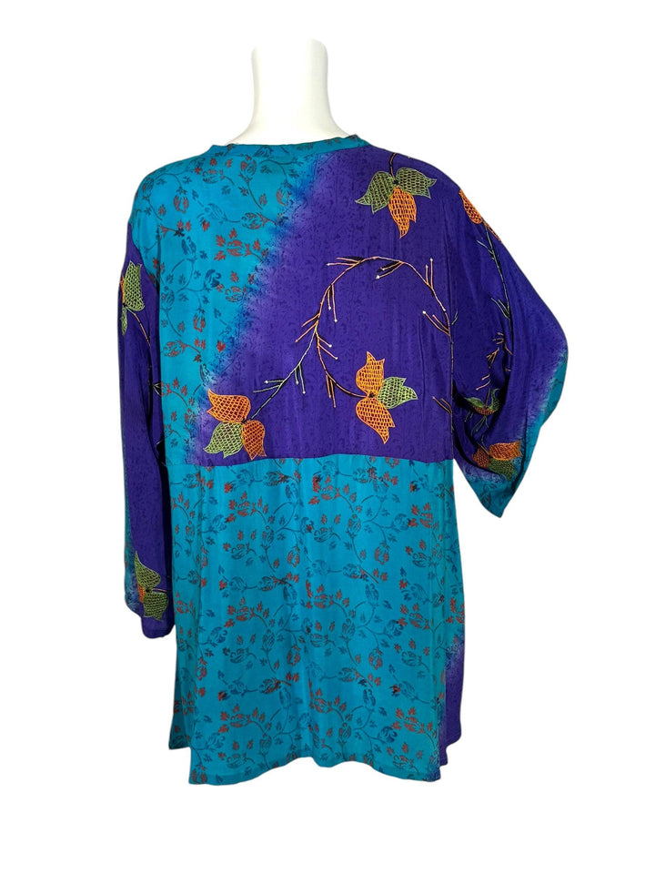 Back view short tie kimono jacket in vintage silk blue with orange floral embroidery 