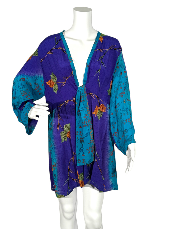 Front view short tie kimono jacket in vintage silk blue with orange embroidery
