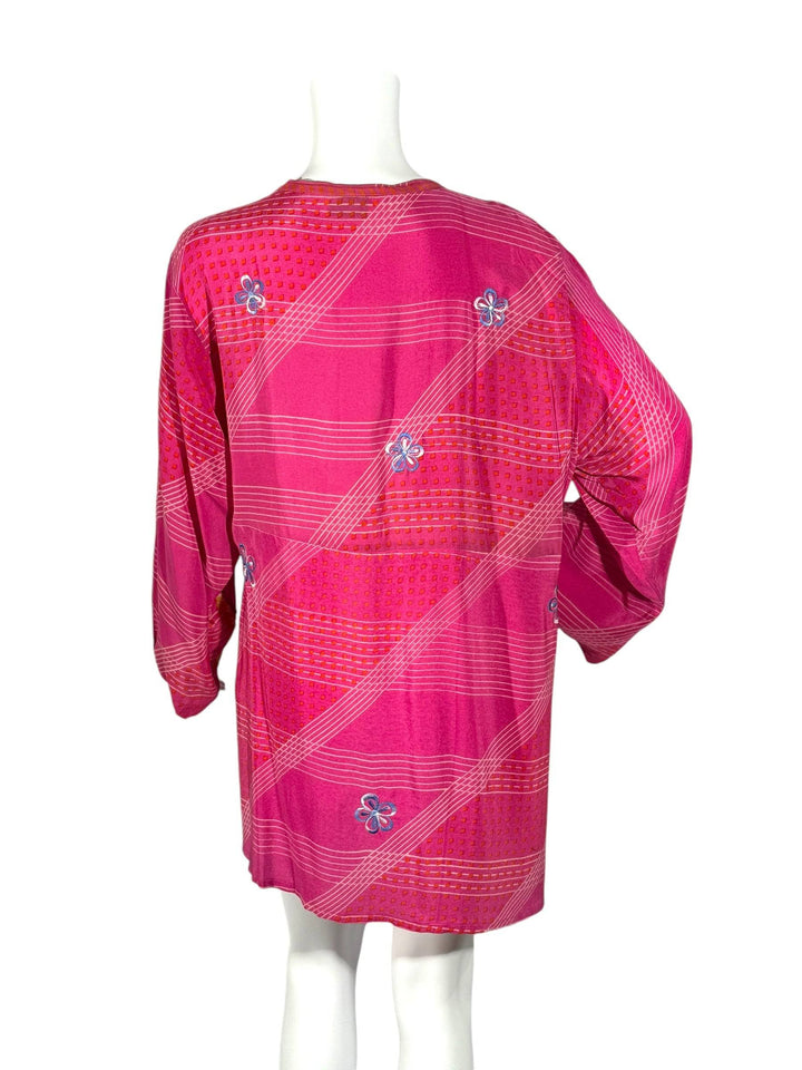 Back view short tie kimono jacket in vintage silk bright pink with blue and white embroidery