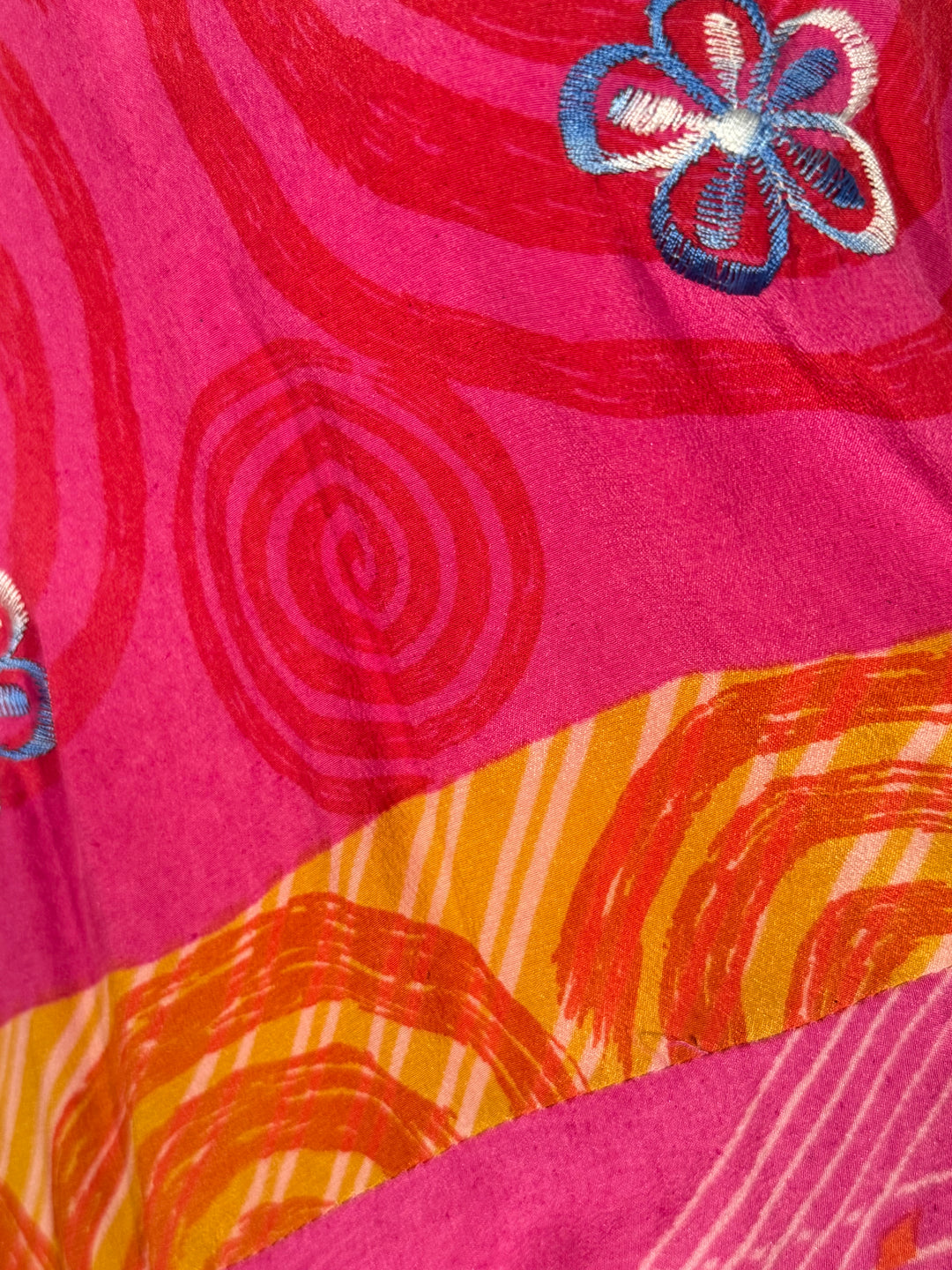 Bright pink vintage silk with orange print and blue embroidery