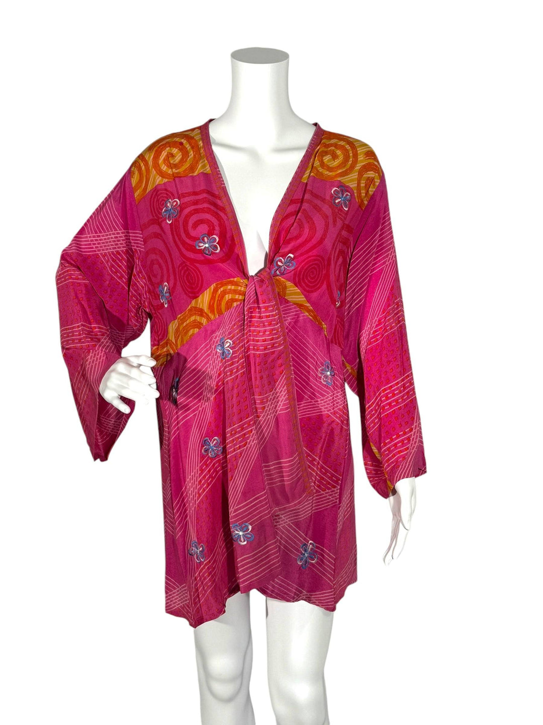 Front view short tie kimono jacket in vintage silk bright pin with orange and blue embroidery