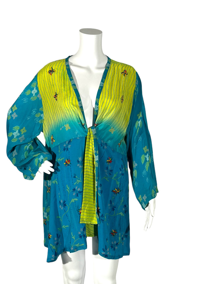 Short tie kimono jacket in vintage silk in bright blue and green with embroidery