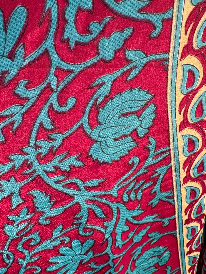 Deep red and blue print on sustainable silk blend dress.