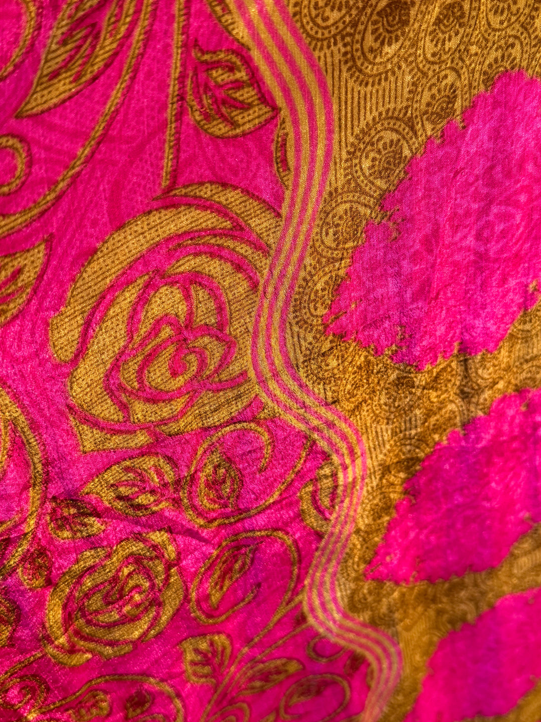 Bright pink and rose print on sustainable silk blend dress.