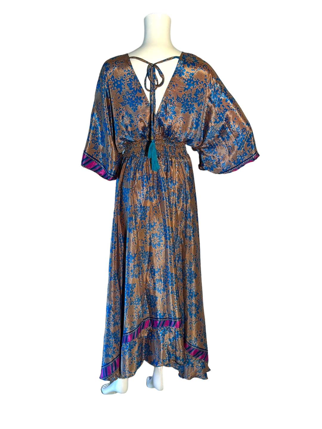 Reverse view of blue and pink floral print Boho dress in sustainable silk blend.