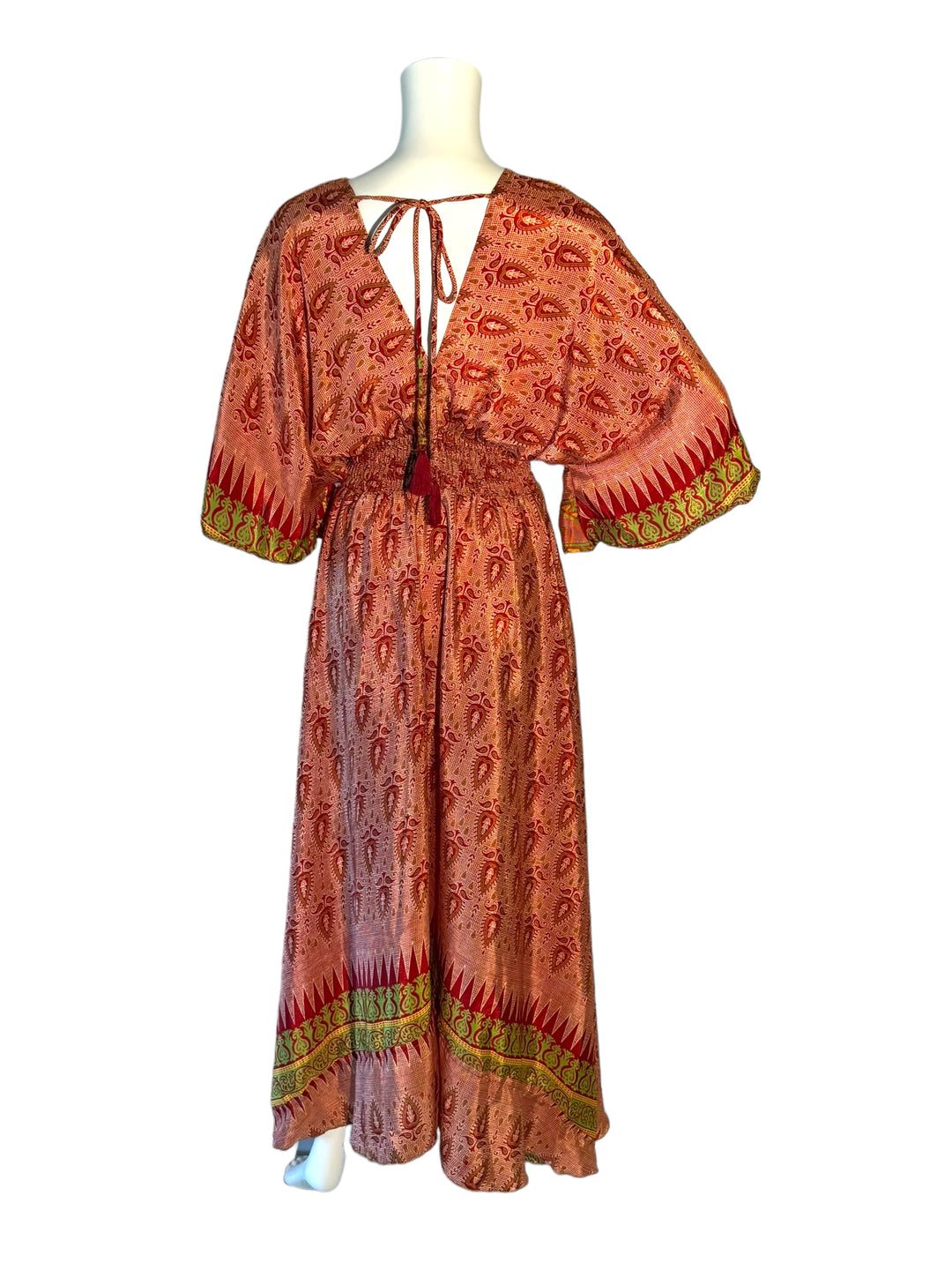 Reverse view of red and yellow print Boho dress in sustainable silk blend.