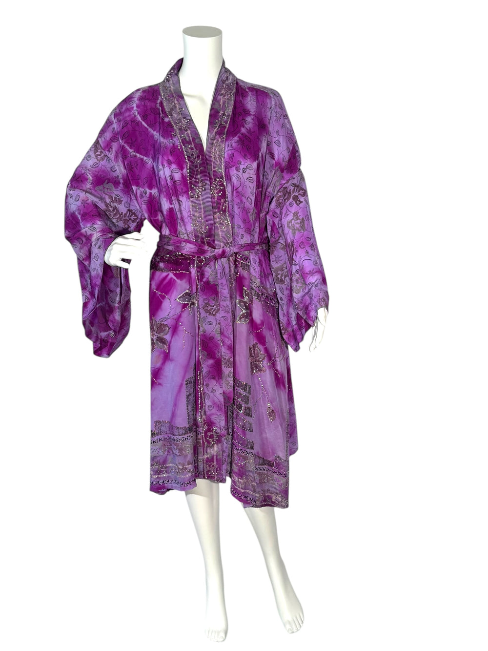 Front view of unisex kimono in purple vintage silk with silver metallic embroidery