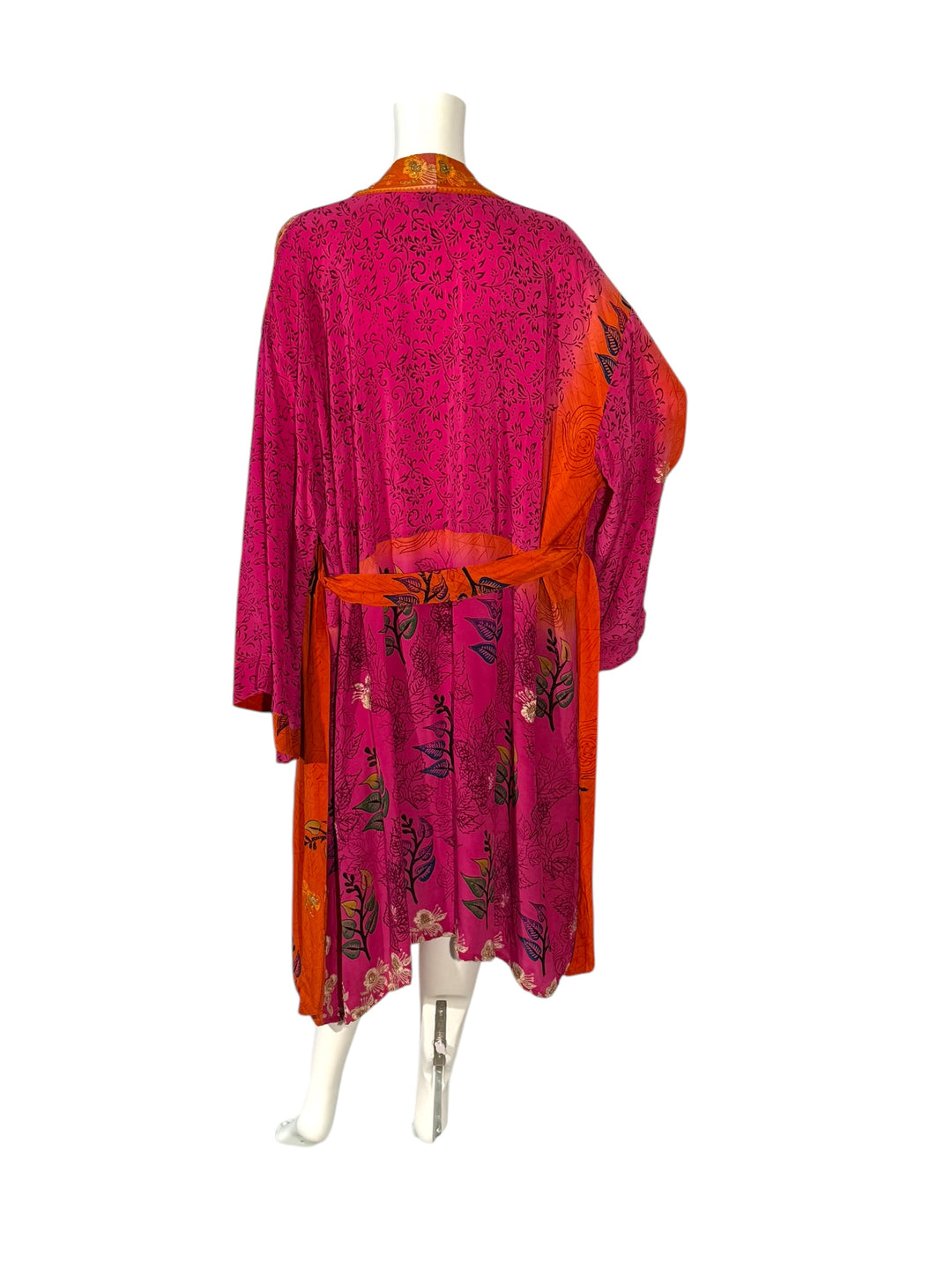 Back view of unisex kimono in fuchsia and orange vintage silk with gold embroidery