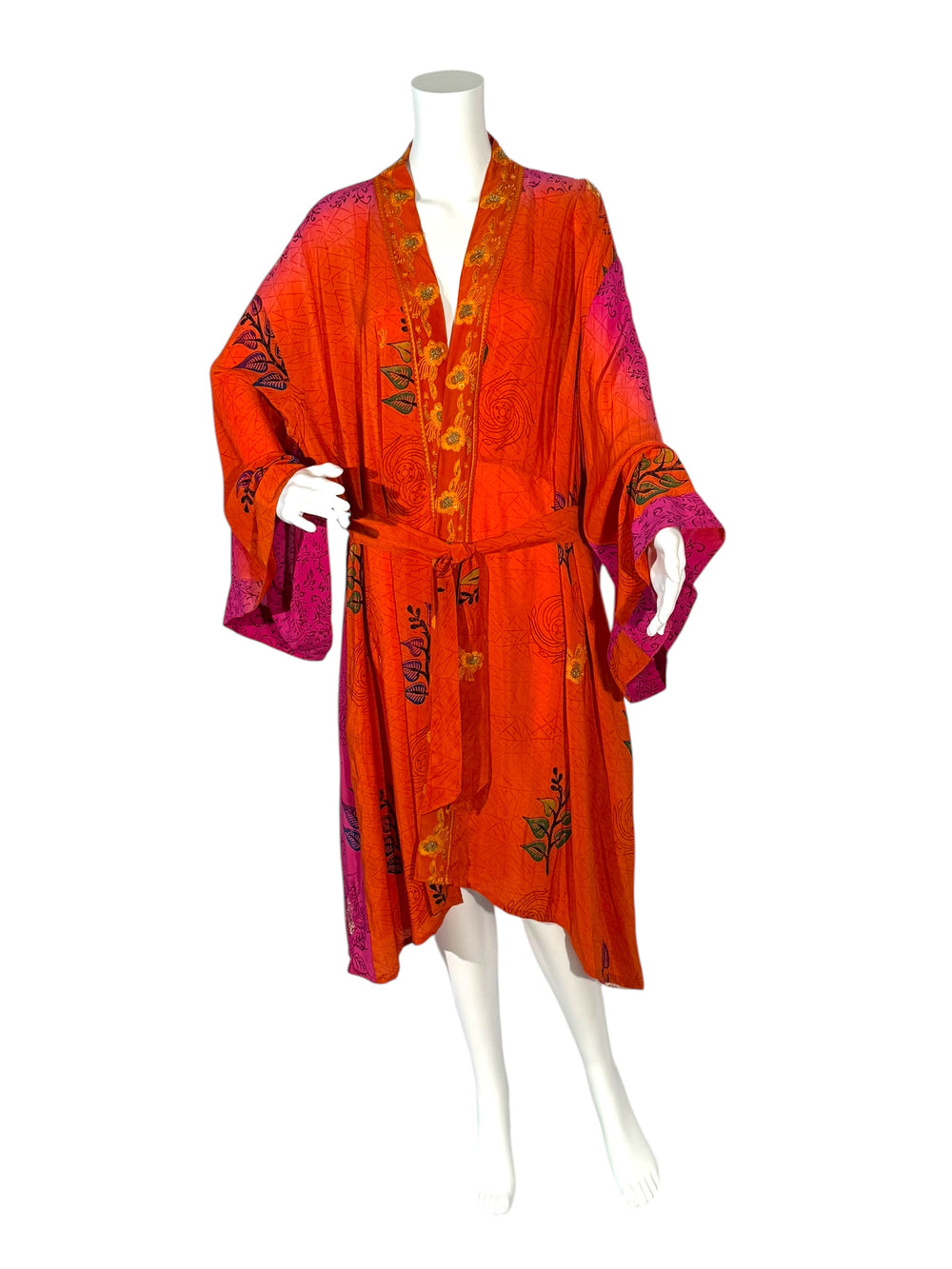 Front view of unisex kimono in fuchsia and orange vintage silk with gold embroidery