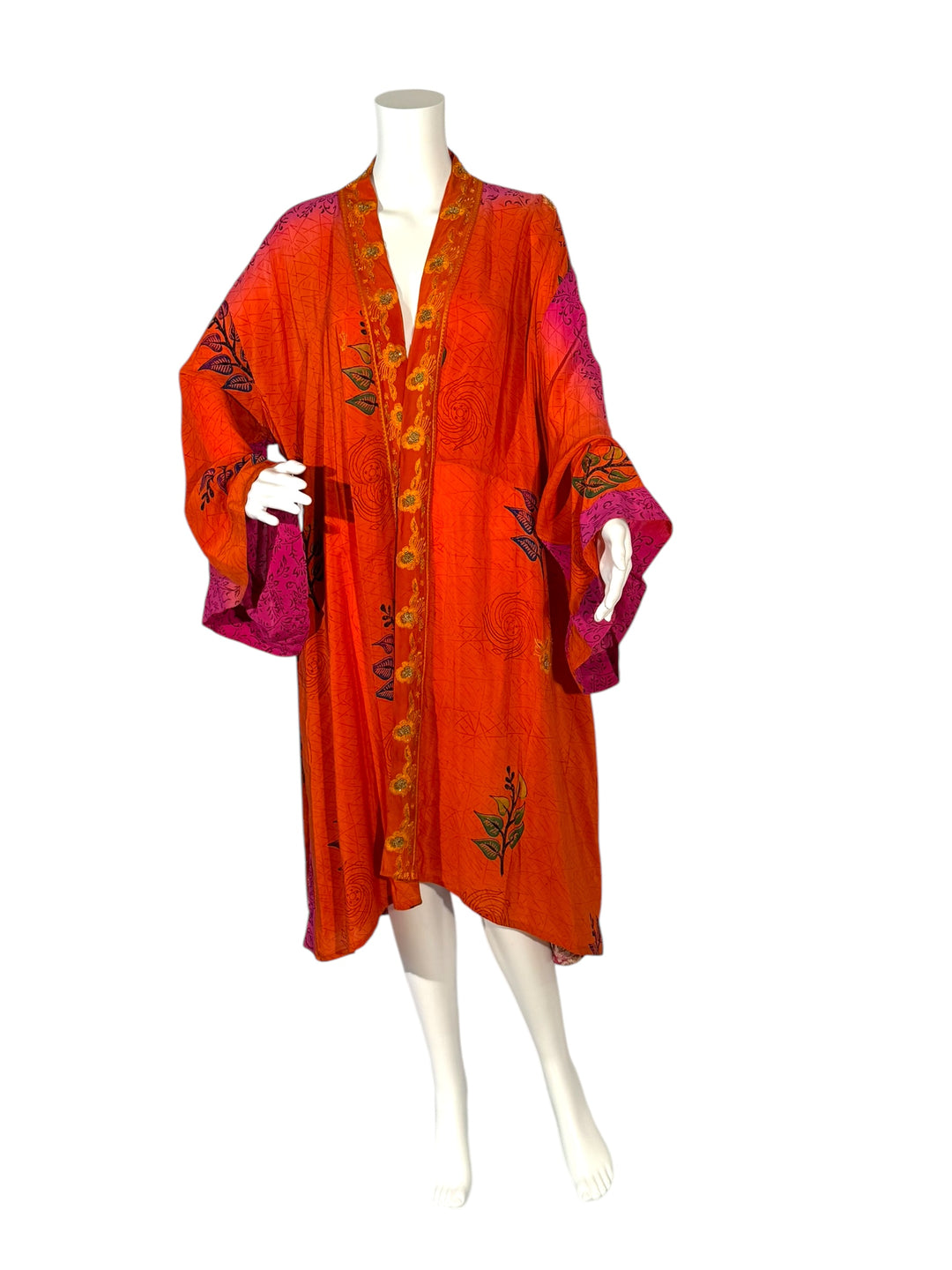 Front view of unisex kimono in fuchsia and orange vintage silk with gold embroidery without tie belt