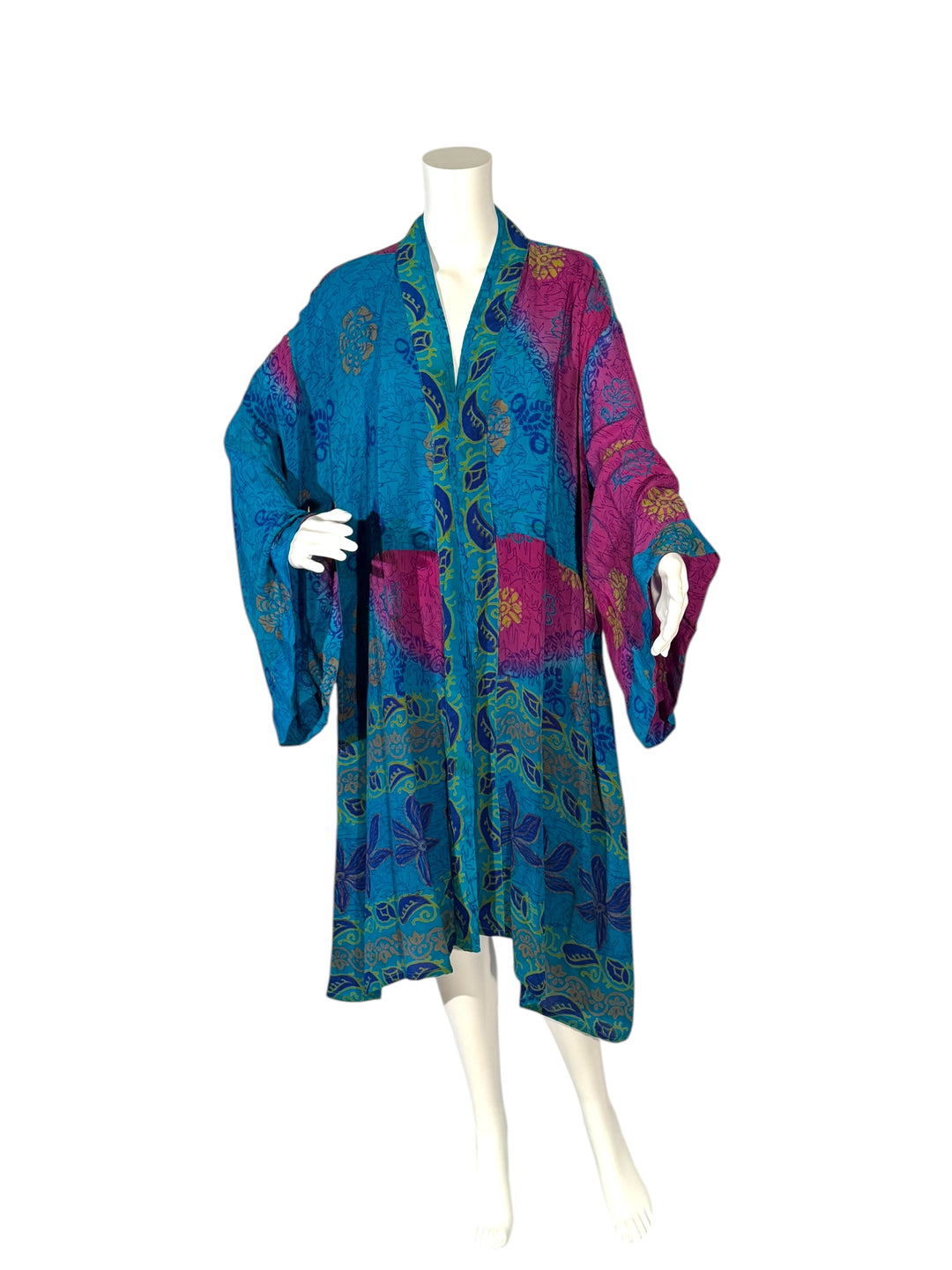 Front view of blue and fuchsia unisex kimono with large flowers without tie belt