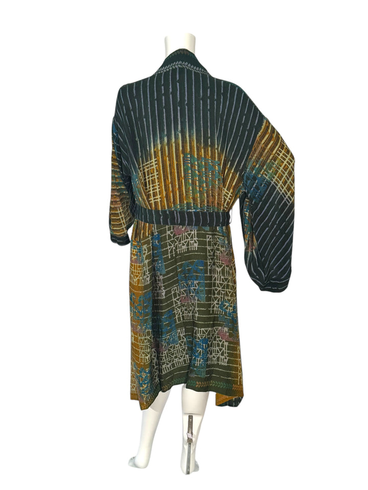 Back view of unisex kimono in green vintage silk print