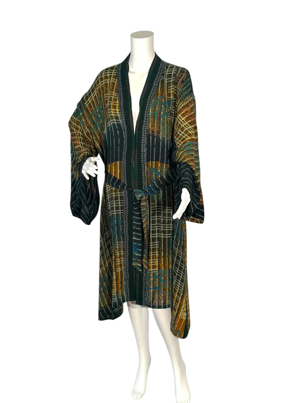 Front view of unisex kimono in green multi color vintage silk print