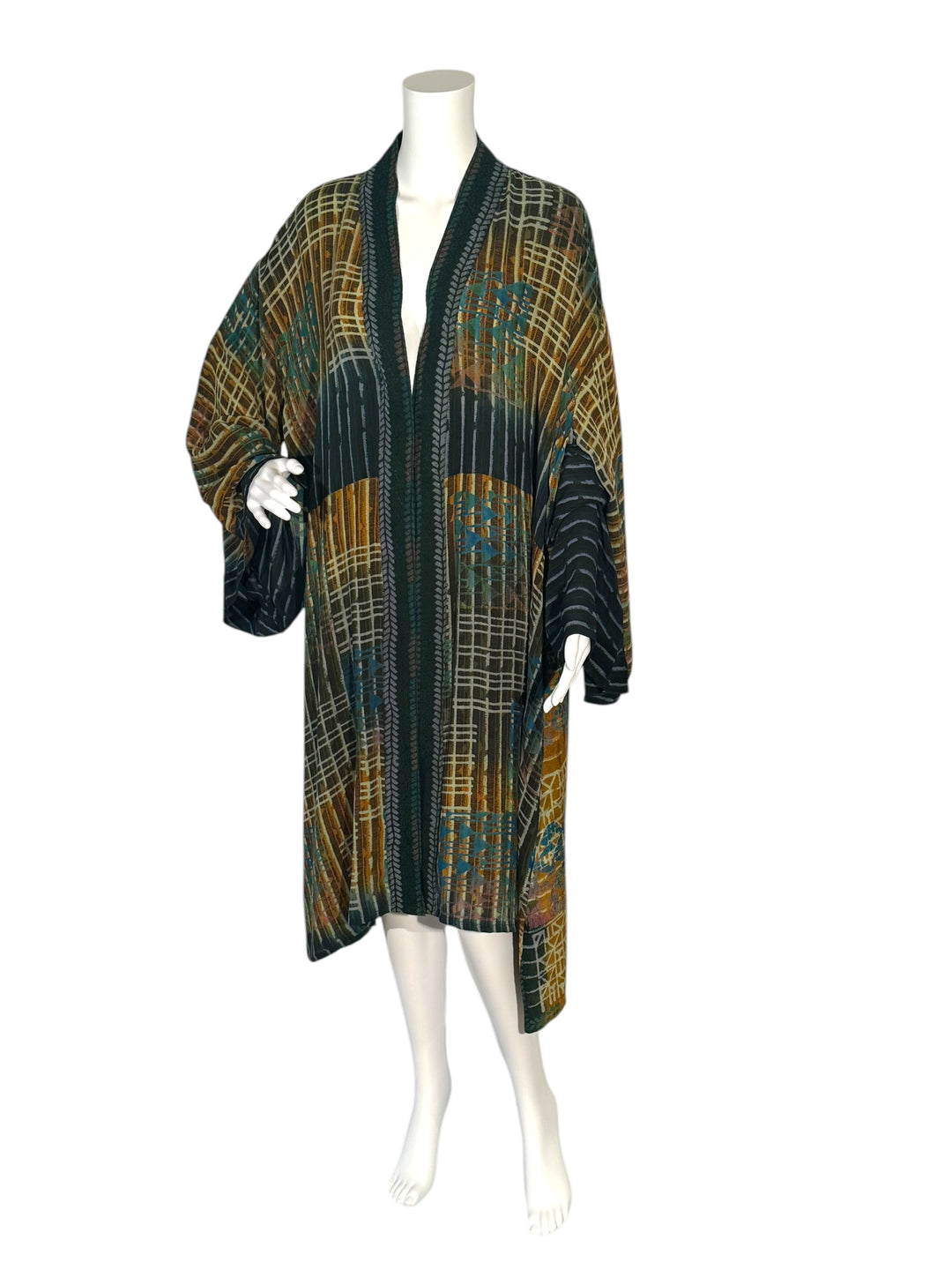 Front view of unisex green vintage silk kimono without tie belt