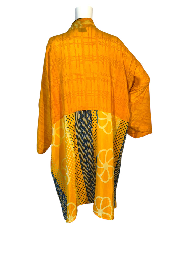 Back view of multi patterned yellow unisex vintage silk kimono with blue