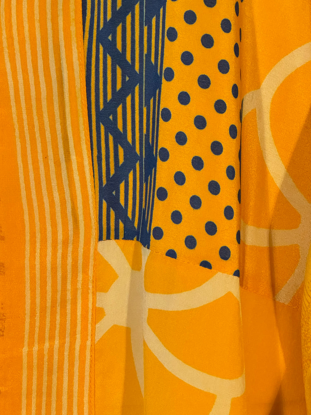 Yellow with blue dots and squiggles vintage silk