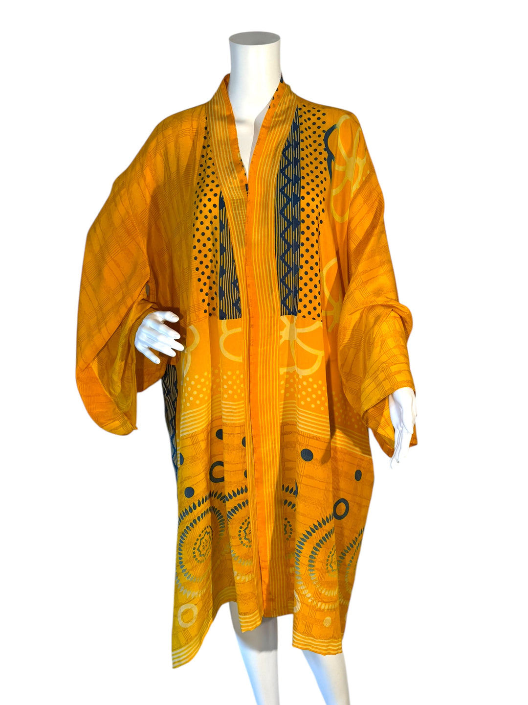 Front view of yellow and blue patterned unisex vintage silk kimono