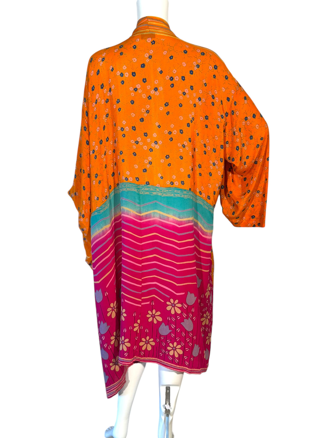 Back view of multi patterned orange blue and pink unisex vintage silk kimono