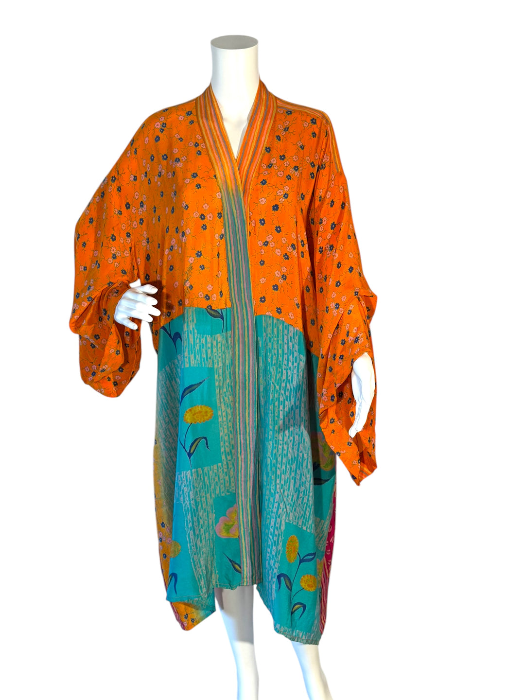 Front view of orange and blue patterned vintage silk unisex kimono