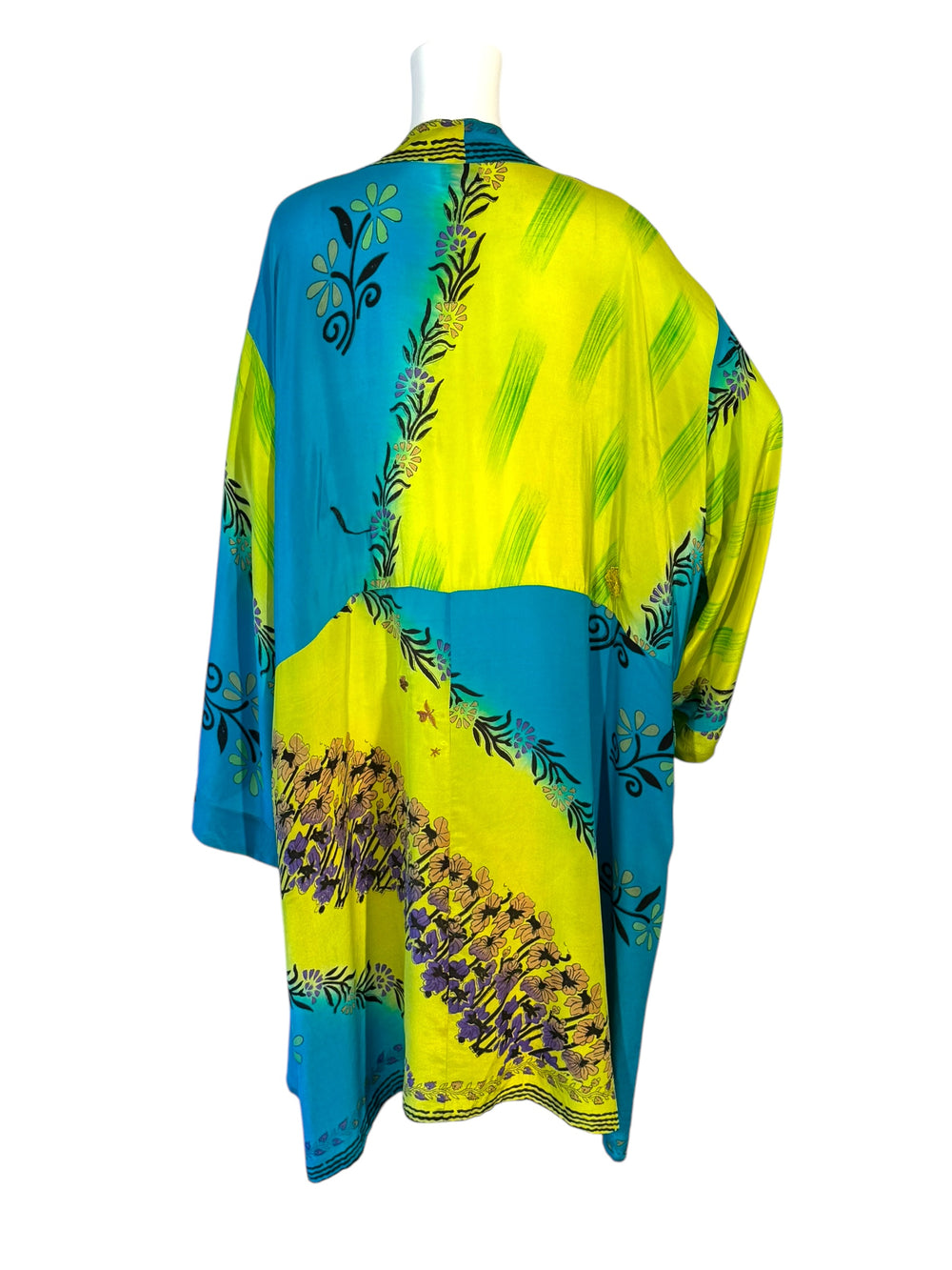 Blue and yellow green unisex vintage silk kimono back view with floral patterns