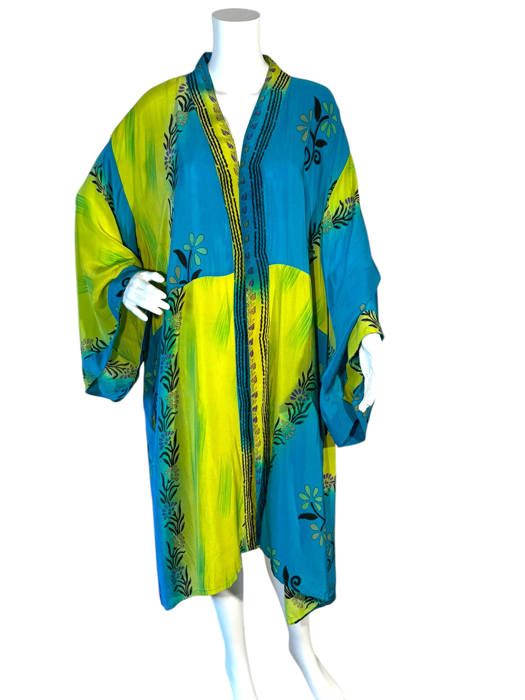 Blue and yellow green unisex vintage silk kimono with floral patterns