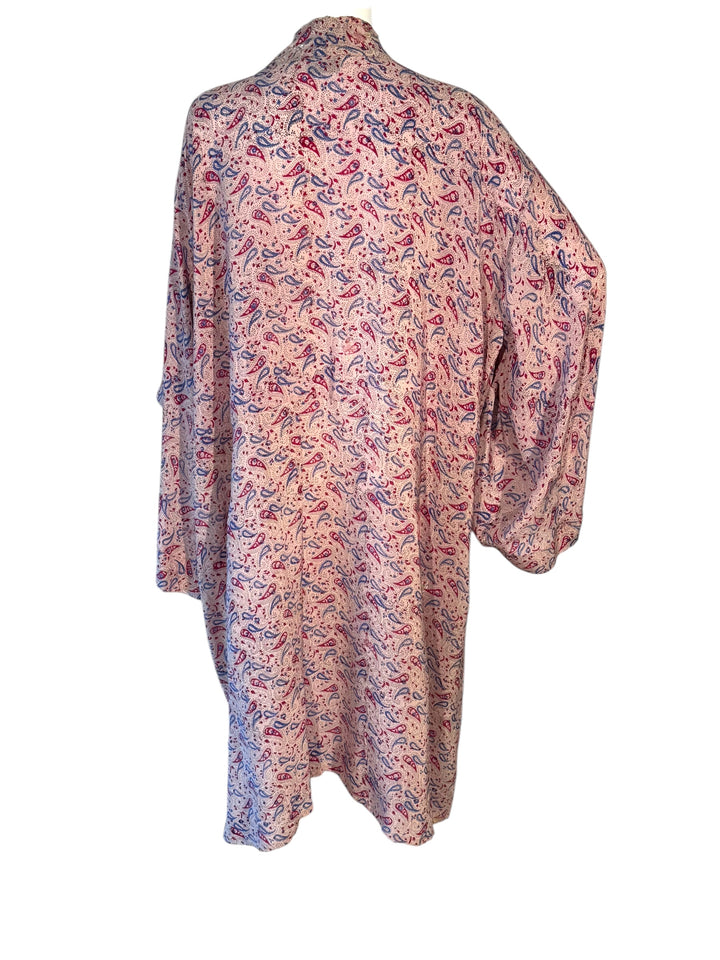 Back view of unisex vintage silk kimono in pink and blue paisley with sequins