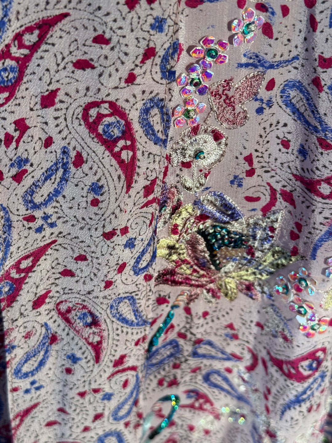 Pink and blue paisley vintage silk with metallic sequins