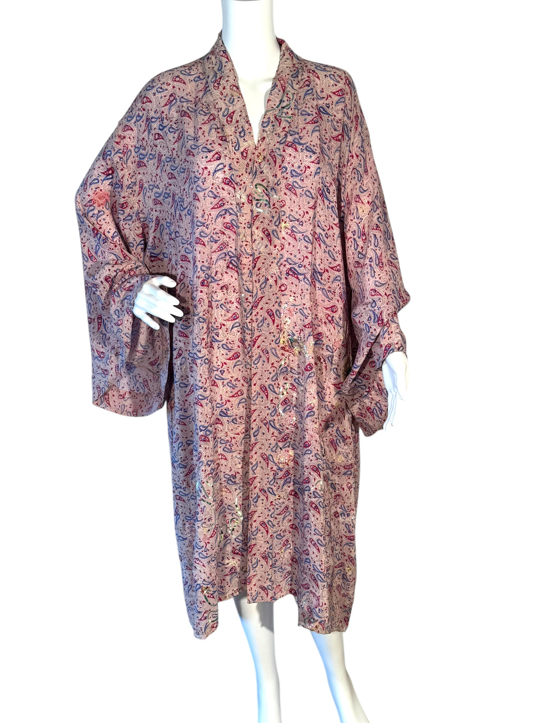 Front view of pink and blue paisley unisex vintage silk kimono 