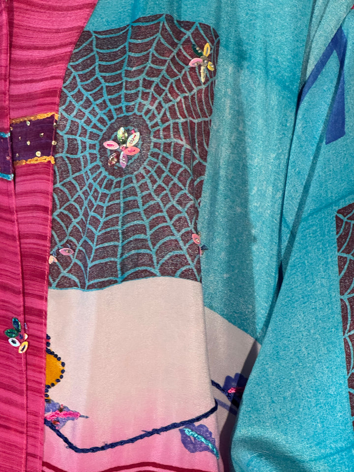 Blue and pink vintage silk with embroidered spider web