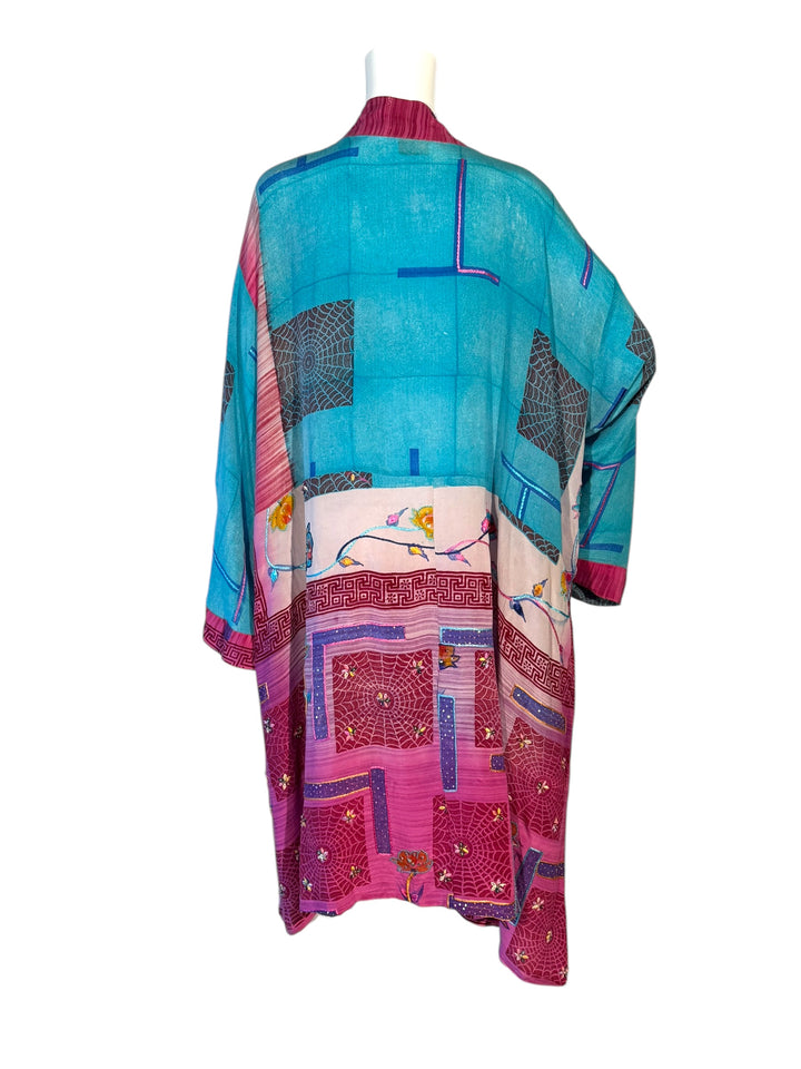 Blue and pink unisex vintage silk kimono with embroidered spider webs and flowers