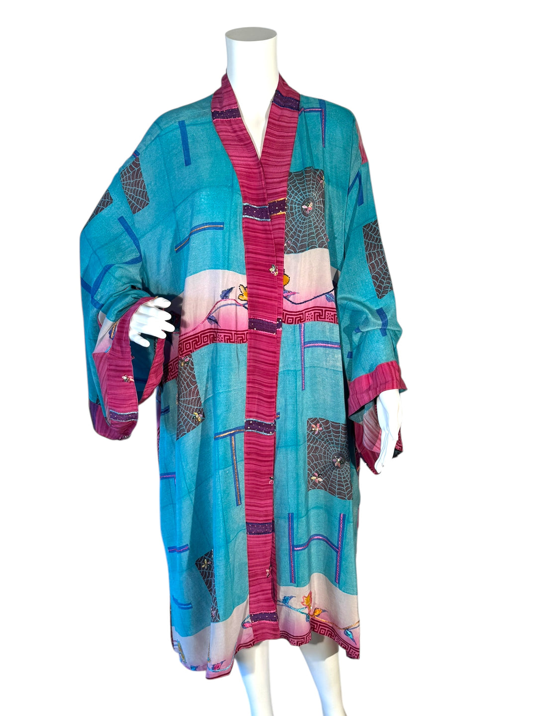 Blue and pink unisex vintage silk kimono with embroidered spider webs