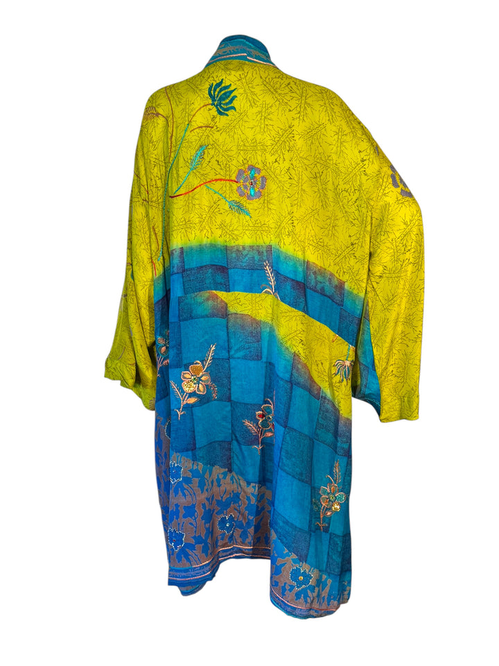 Back view of unisex kimono in bright yellow-green and blue vintage silk with floral embroidery