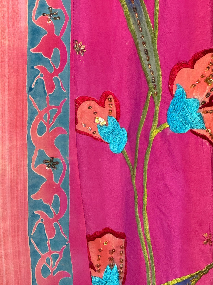 Bright pink vintage silk with blue green embroidered flowers