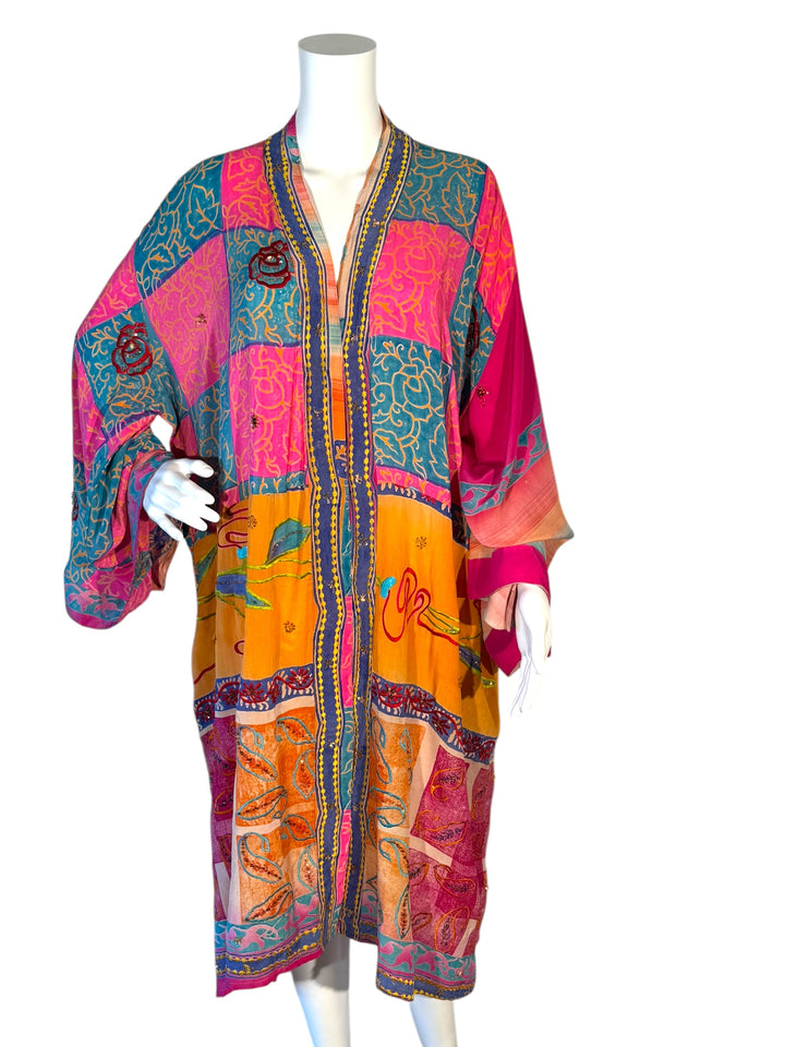 Front view of unisex kimono in pink, blue and orange vintage silk with detailed floral embroidery 