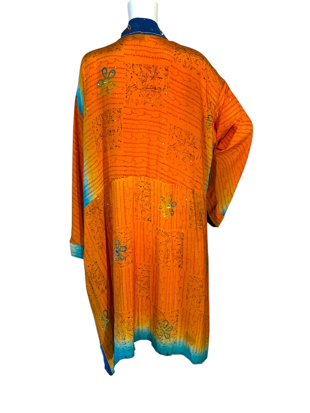 Back view of bright orange and blue embroidered unisex kimono in vintage silk