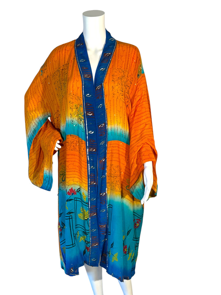 Breezy unisex kimono in bright orange with bright blues and embroidery in vintage silk