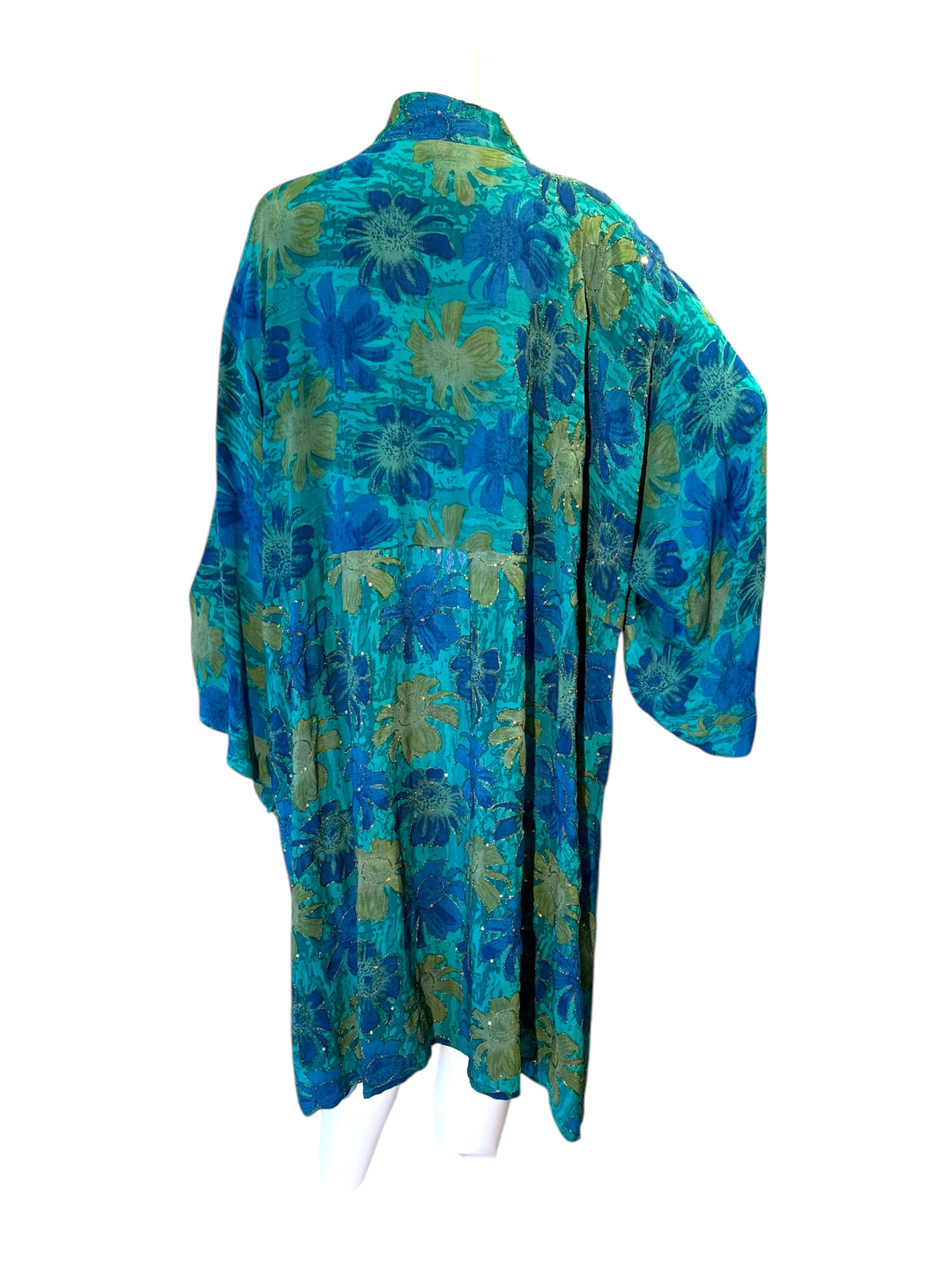 Back view blue, green vintage silk Breezy kimono by Silk Ranch