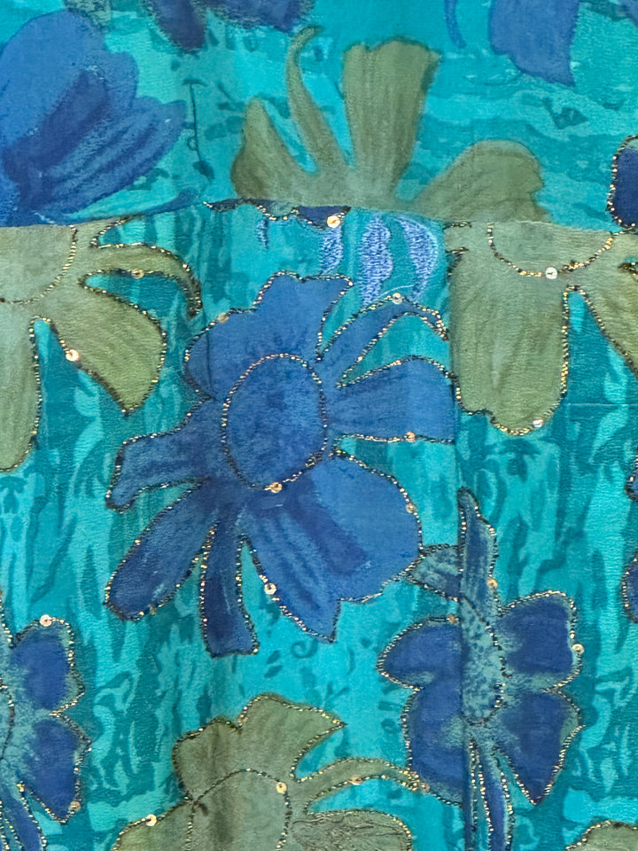 Close up of blue, green and gold vintage silk Breezy kimono by Silk Ranch