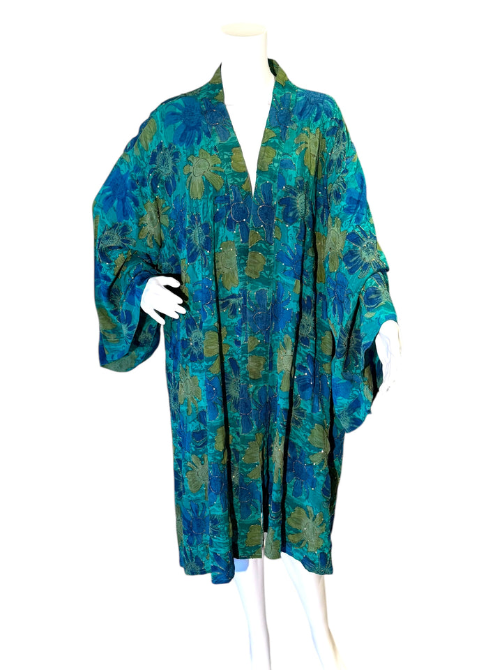 Front view blue, green, gold vintage silk Breezy kimono by Silk Ranch